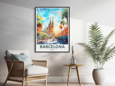 Barcelona poster with Sagrada Familia artwork in room.