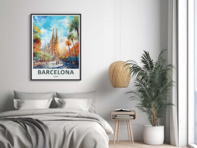 Bedroom with Barcelona cityscape wall art.