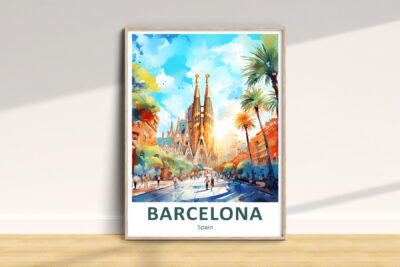 Colorful illustration of Sagrada Familia, Barcelona poster.