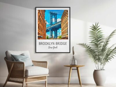 Framed Brooklyn Bridge poster in stylish room.