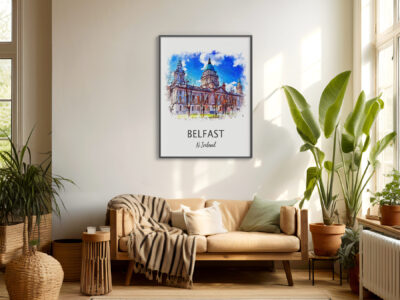 Cozy living room with Belfast artwork on wall.