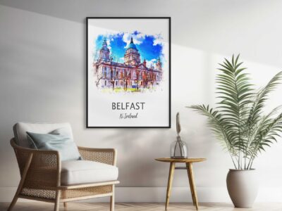 Interior with Belfast poster and plants.