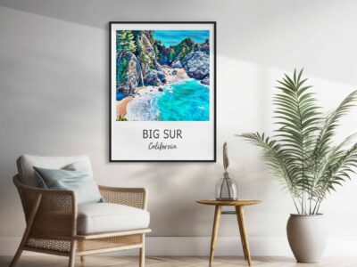 Big Sur California coastal art in modern living room.