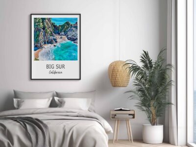Modern bedroom with Big Sur wall art.