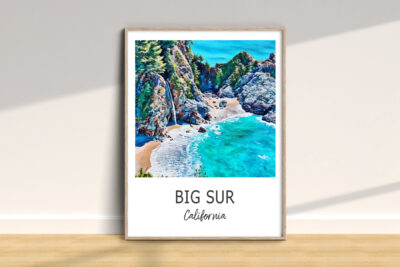 Big Sur illustrated beach scene, California art print.