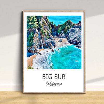 Big Sur illustrated beach scene, California art print.