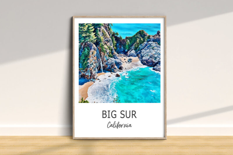 Big Sur illustrated beach scene, California art print.