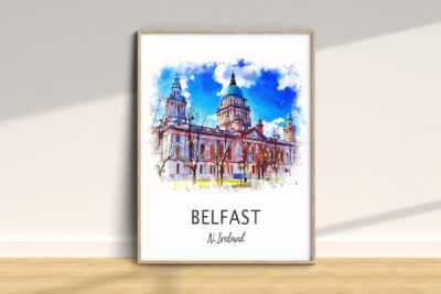 Belfast building watercolor print, Northern Ireland skyline.