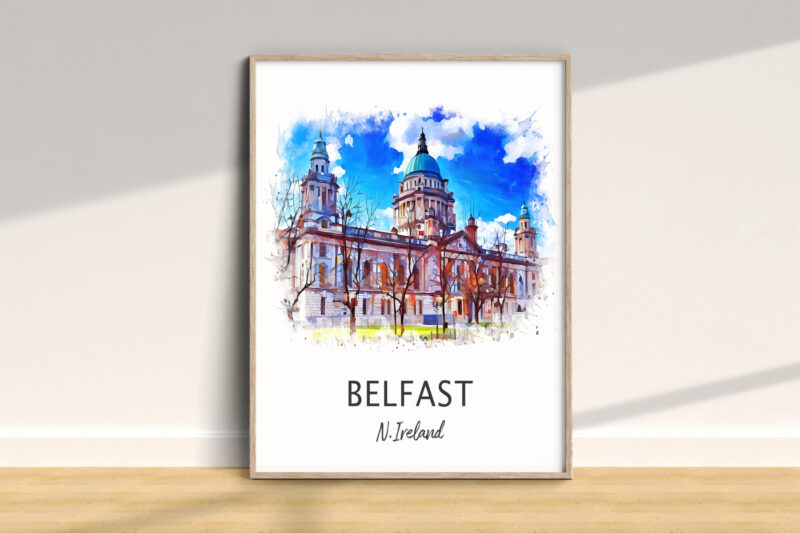 Belfast building watercolor print, Northern Ireland skyline.