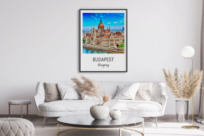 Modern living room with Budapest art print.