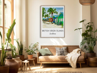 Cozy living room with tropical island poster.