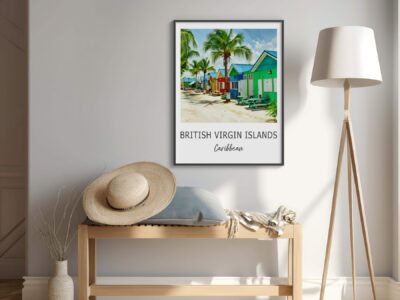Interior with beach poster, hat, and bench