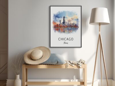 Chicago skyline watercolor painting on wall.