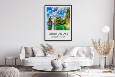 Cheow Lan Lake poster in modern living room.