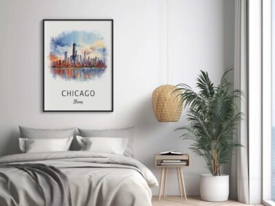 Modern bedroom with Chicago skyline artwork.