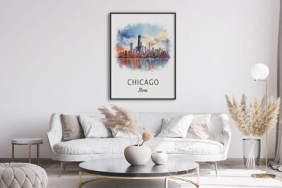 Modern living room with Chicago skyline poster
