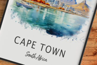 Cape Town poster with watercolor cityscape and landscape.
