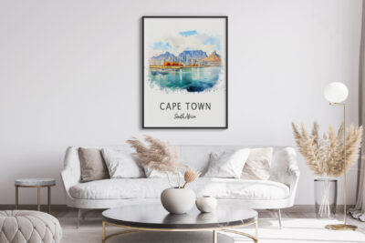 Cozy living room with Cape Town artwork.