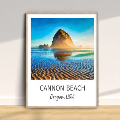 Framed art of Haystack Rock, Cannon Beach, Oregon.