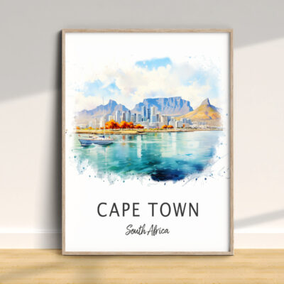 Watercolor Cape Town cityscape, South Africa.