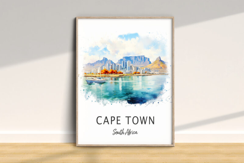 Watercolor Cape Town cityscape, South Africa.
