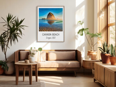 Cannon Beach poster in modern living room lounge.