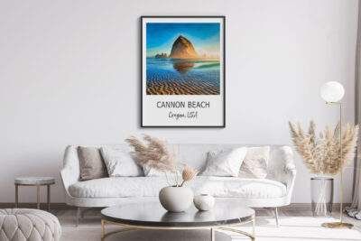 Modern living room with Cannon Beach poster.