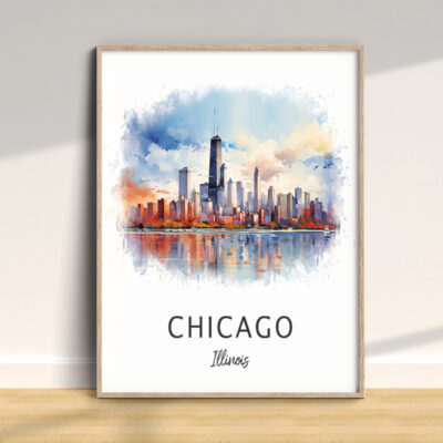 Watercolor Chicago skyline print with wooden frame.