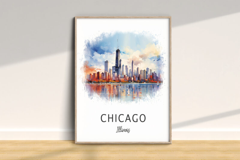 Watercolor Chicago skyline print with wooden frame.