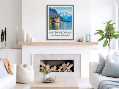 Living room with Château de Chillon artwork.