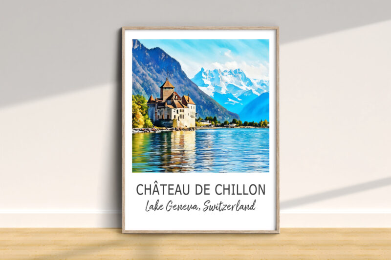 Painting of Château de Chillon by Lake Geneva.