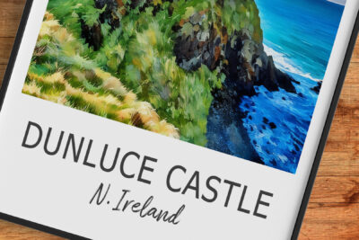 Colorful landscape of Dunluce Castle, Northern Ireland.