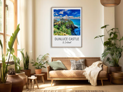 Cozy living room with Dunluce Castle poster.