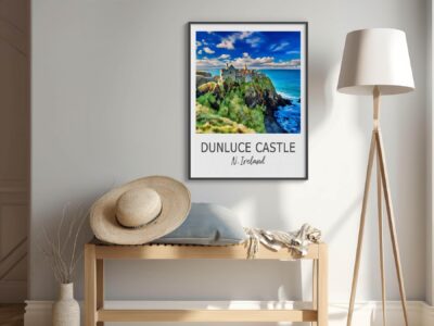 Framed Dunluce Castle photo on modern interior wall.