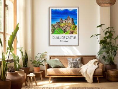 Cozy living room with Dunluce Castle artwork.
