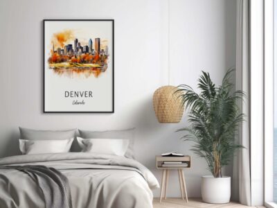 Bedroom with Denver skyline artwork and plant.