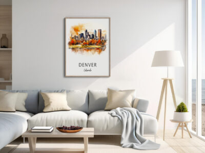 Modern living room with Denver skyline art print.