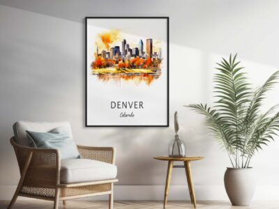 Framed Denver skyline art in modern living room.