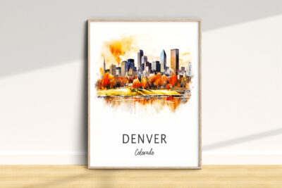 Denver skyline watercolor art with autumn colors.