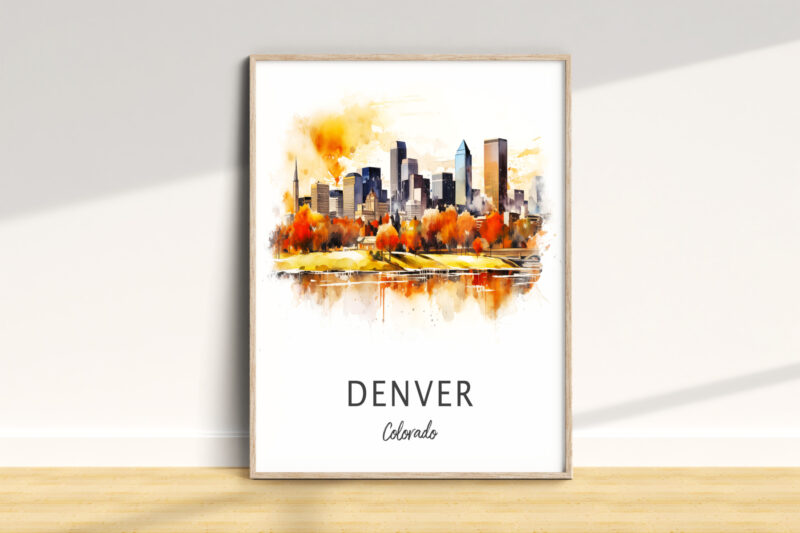Denver skyline watercolor art with autumn colors.