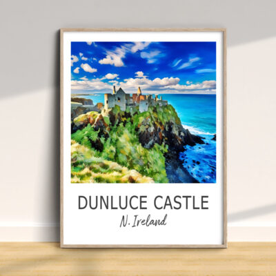 Scenic painting of Dunluce Castle, Northern Ireland.