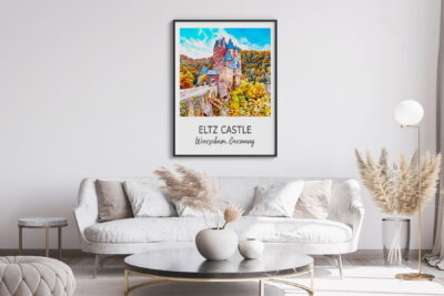 Modern living room with Eltz Castle wall art.