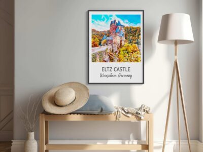 Modern interior with Eltz Castle wall art.