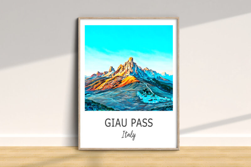 Framed Giau Pass Italy mountain landscape print.