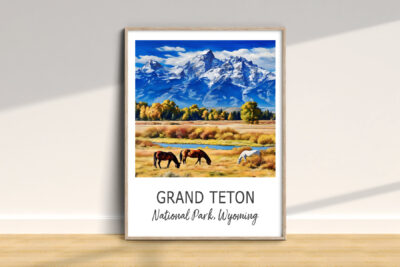 Grand Teton mountains with horses grazing scenery