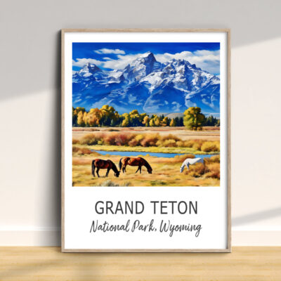 Grand Teton mountains with horses grazing scenery