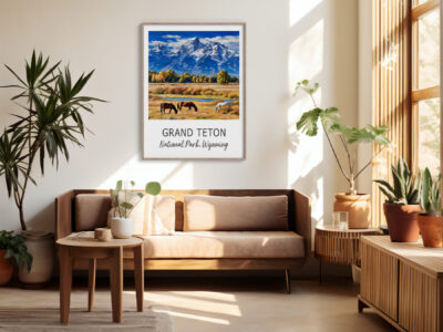 Living room with Grand Teton poster and plants.