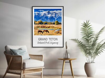 Framed Grand Teton poster in cozy living room.