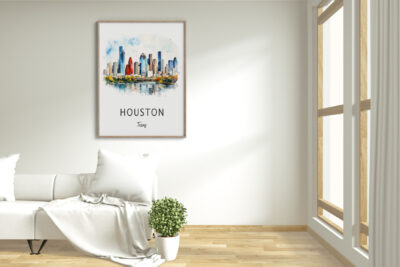 Houston skyline painting in modern living room