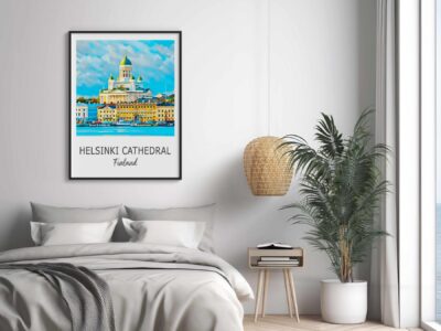 Stylish bedroom with Helsinki Cathedral art print.